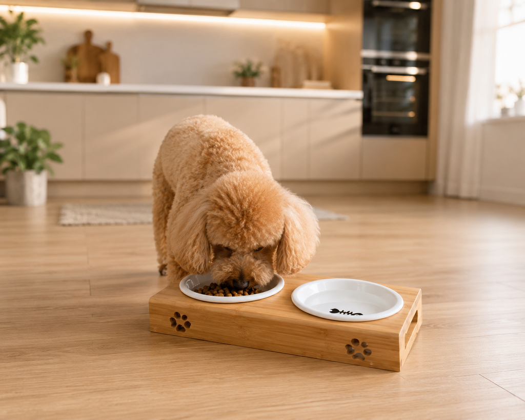 BARKELLE Premium Bamboo Elevated Double Dog Bowl Set