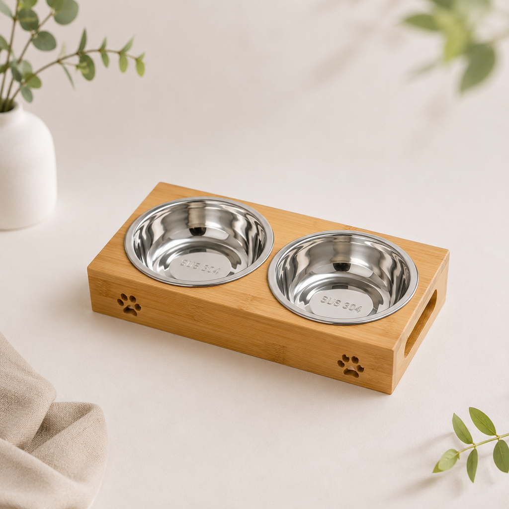 BARKELLE Premium Bamboo Elevated Double Dog Bowl Set