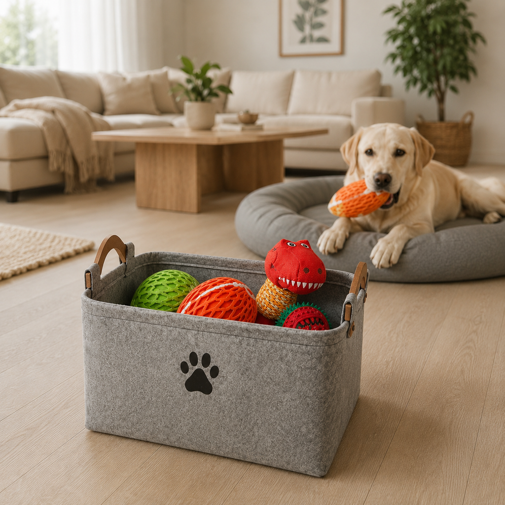 BARKELLE Felt Pet Toy Storage Basket with Wooden Handles