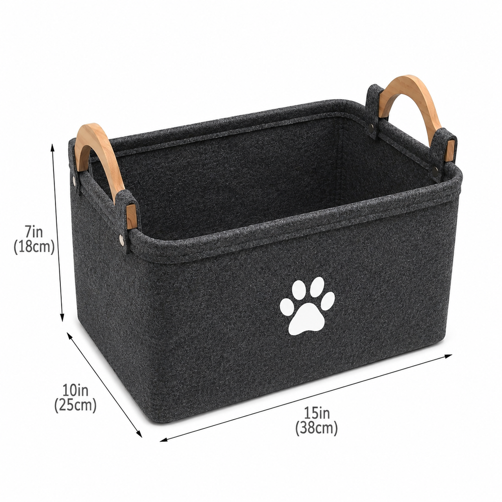 BARKELLE Felt Pet Toy Storage Basket with Wooden Handles