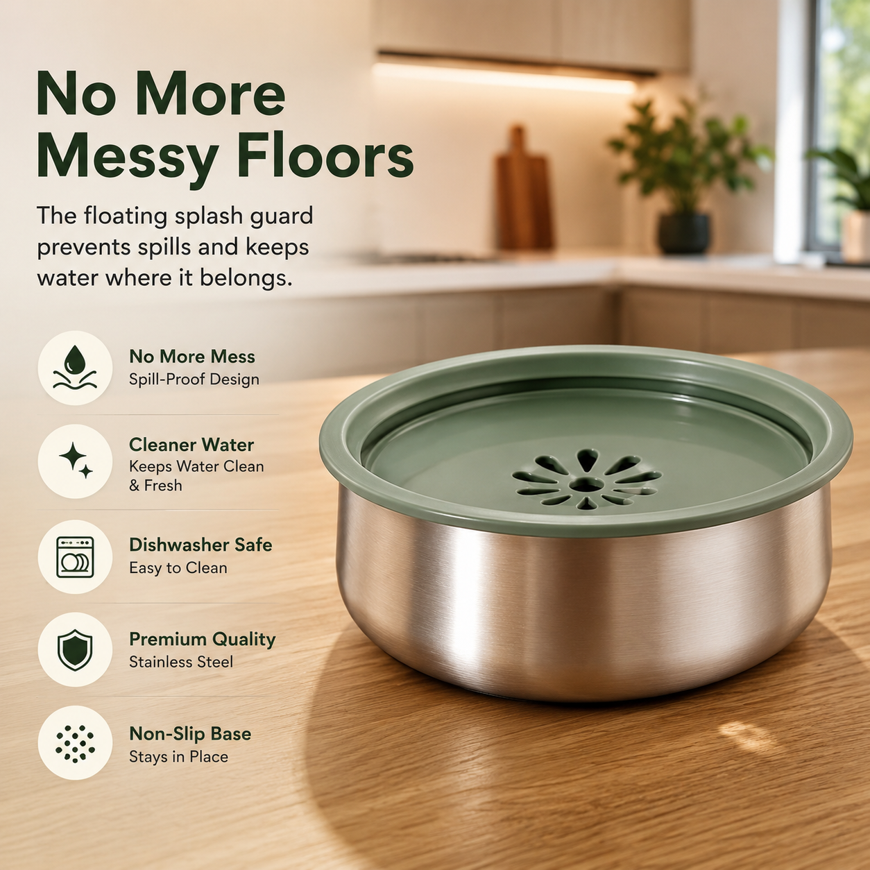 No-Spill Stainless Steel Dog & Cat Water Bowl