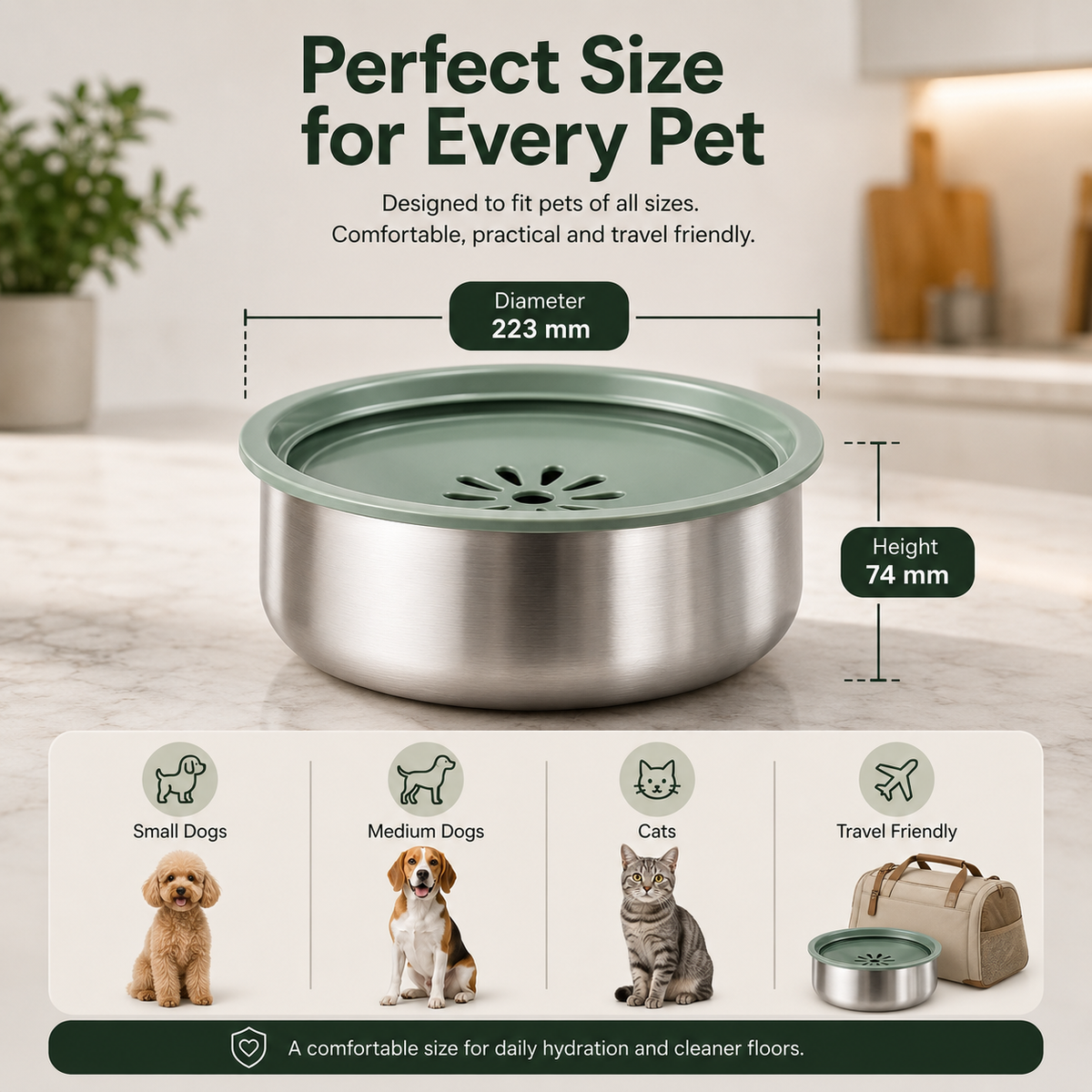 No-Spill Stainless Steel Dog & Cat Water Bowl