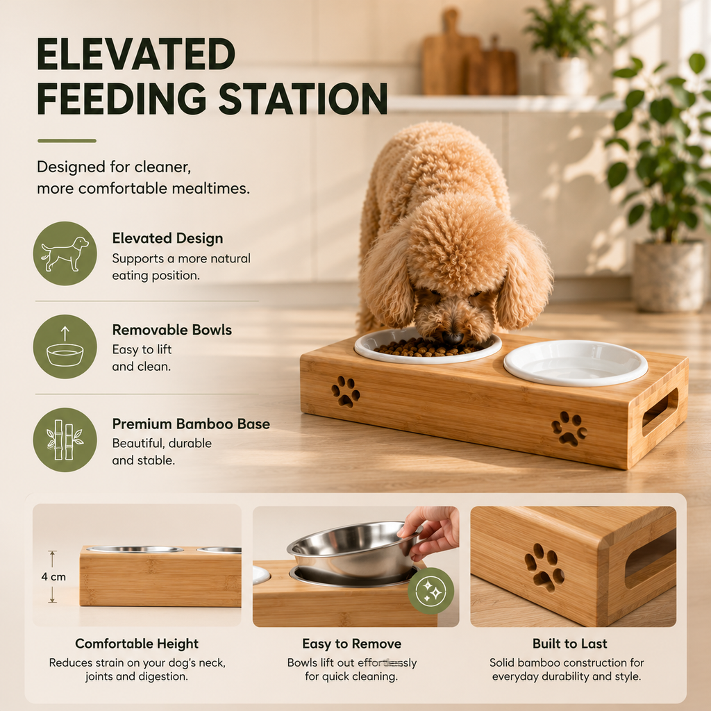 Premium Bamboo Elevated Double Dog Bowl Set