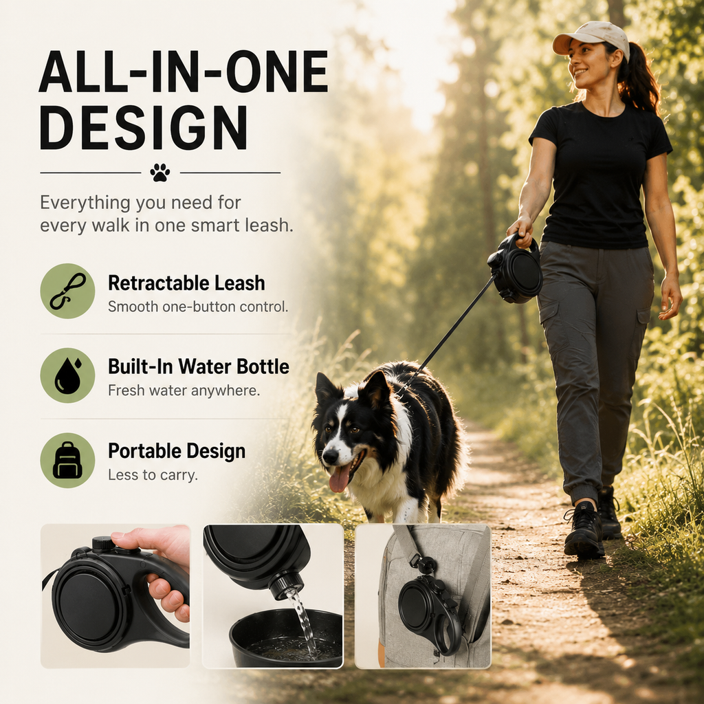 2-in-1 Retractable Dog Leash + Water Bottle