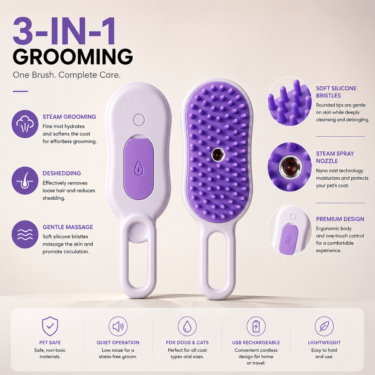 3-in-1 Steam Pet Grooming Brush